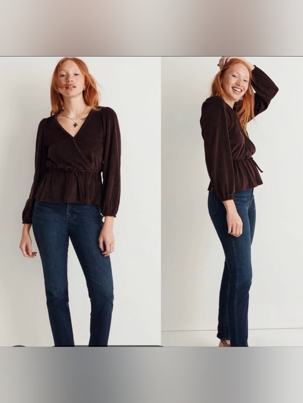 Madewell Brown Soft Corduroy Tie Front Faux Wrap Peplum Top